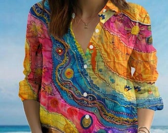 Blusa abstracta con estampado tie-dye colorido, camisa artística de seda estilo pintura, top de mujer con vibrantes diseños de garabatos, regalo ecléctico y maximalista, top artístico de verano