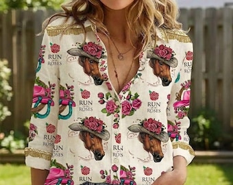 Horse Racing Linen Look Shirt, Run For The Roses Blouse, Derby Day Yall Top, Southern Preppy Button Down, Horse Lover Gift