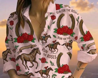 Run For The Roses Horse Racing Linen Look Shirt, Red Rose Horseshoe Blouse, Jockey Print Party Outfit, Spring Race Day Top