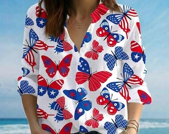 4th of July Butterfly Linen Shirt, Patriotic American Flag Blouse, Red White Blue Beach Top, Independence Day Apparel, Gift For Her