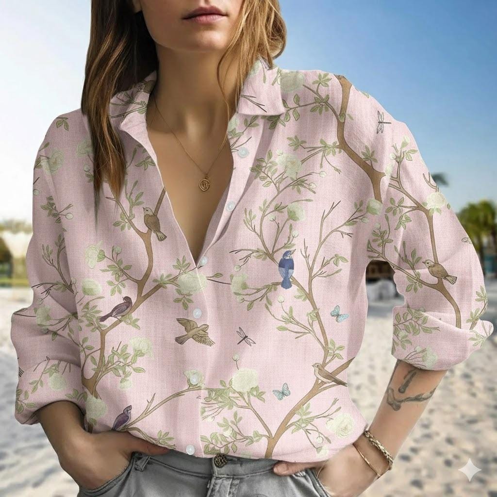 Discover Floral Bird Print Blouse, Cottagecore Button Down Shirt