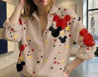 Blusa minimalista con castillo de ratón, camisa de lino con estampado de Disney Line Art, top mágico para mujer para vacaciones, camisa estética con orejas de ratón y botones, regalo de Disney