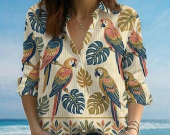 Vintage Macaw Parrot Tropical Shirt, Faux Tapestry Monstera Blouse, Summer Vacation Top, Custom Lace Trim, Pattern Collar Apparel
