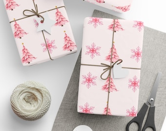 Pink Watercolor Christmas Wrapping Paper | Snowflake & Tree Gift Wrap
