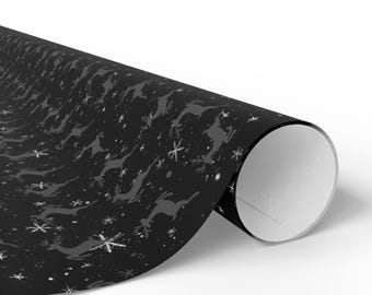 Black Christmas Wrapping Paper • Reindeer, Snowflakes, Starburst Design