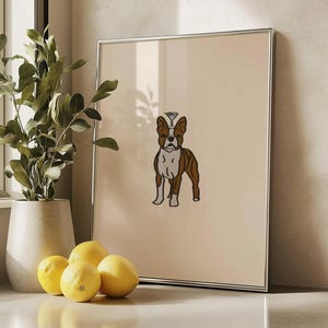 May include: A framed wall art print featuring a brown and white Boston Terrier dog illustration with a small martini glass balanced on its head, set against a solid light beige background within a thin silver metal frame.