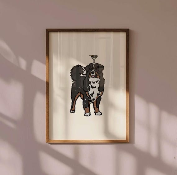 PHYSICAL PRINT, Bernese Mountain Dog Martini Print, Funny Dog Bar Art, Cocktail Print, Bar Cart Decor, Bar Cart Accessories, Handdrawn