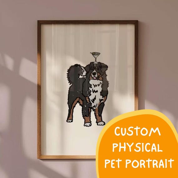 PHYSICAL PRINT, Custom Pet Portrait, Bar Cart Decor,  Personalized Gift, Hand-drawn