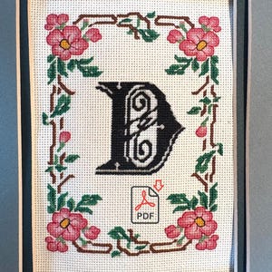 Hoofdletter D in een roze roos art-nouveaurand, digitale patroondownload