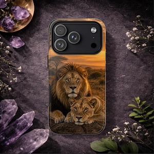 Lion Sunset case for iPhone, Safari Wildlife Phone Case, Golden Hour Aesthetic Animal Cover for iPhone 16 15 14 Pro Max