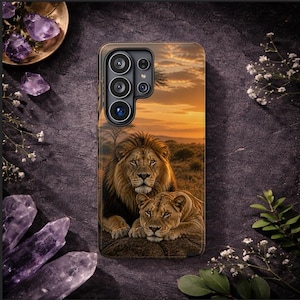 Lion Sunset case for Samsung, Safari Wildlife Galaxy Case, Golden Hour Aesthetic Animal Cover for S25 S24 S23 Ultra Plus