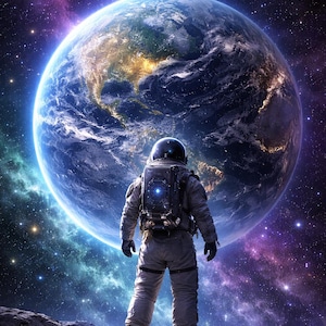 Könnte beinhalten: Ein Astronaut in einem Raumanzug steht auf einer felsigen Oberfläche und blickt auf die Erde. Der Planet ist ein leuchtendes Blau und Grün, vor dem Hintergrund einer sternenübersäten Galaxie mit violetten und blauen Farbtönen. Das Bild erinnert an Weltraumforschung und den Kosmos.