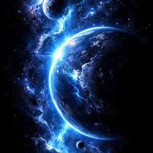 May include: A digital art image of a cosmic scene featuring planets, nebulae, and stars. The primary planet is a deep blue with a bright, glowing edge. Other celestial bodies and swirling blue clouds fill the dark background, creating a sense of depth and wonder.