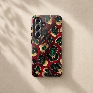 Coque Samsung de luxe à imprimé léopard, rouge rubis, motif animalier, or émeraude, étui de protection pour Galaxy S25 S24 S23 Ultra Plus