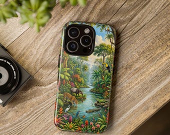 Jungle Wildlife River Scene Phone Case for iPhone & Samsung | Tropical Animal Forest Design