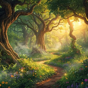 May include: A digital painting of a sunlit forest scene. Large trees with textured bark frame a winding path. Lush green foliage, wildflowers, and a soft mist create a magical atmosphere. Sunlight filters through the canopy, creating a warm glow.