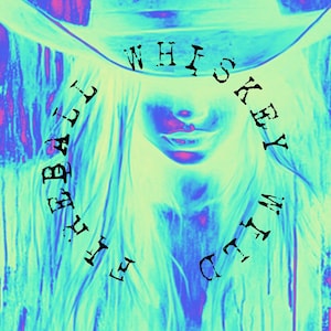 Puede incluir: Imagen art&iacute;stica y digitalmente alterada de una mujer con sombrero de vaquero. La imagen es predominantemente azul y turquesa, con las palabras "Whiskey Beauty Club" rodeando la cara de la mujer.