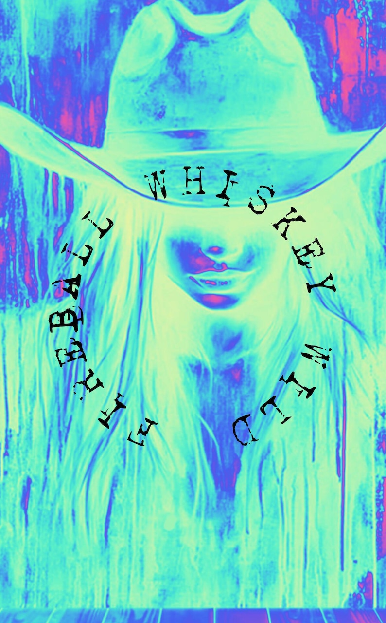 Puede incluir: Imagen art&iacute;stica y digitalmente alterada de una mujer con sombrero de vaquero. La imagen es predominantemente azul y turquesa, con las palabras "Whiskey Beauty Club" rodeando la cara de la mujer.