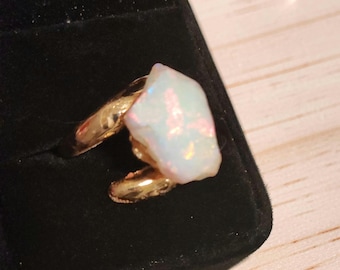 White Iridescent Raw Opal Ring size 7