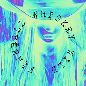 May include: A digitally manipulated image of a woman in a cowboy hat, rendered in shades of blue and teal. The words "Whiskey Beauty Club" are arranged in a circular pattern around the woman's face.