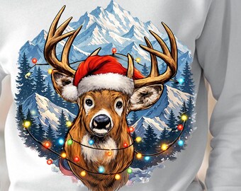 Christmas Reindeer PNG Set, Santa Hat & Lights