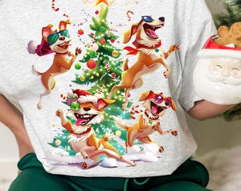 Funny Christmas Dogs PNG, Dancing Dogs Around Tree, Festive Holiday Digital Download