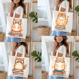 May include: Off-white tote bags featuring a cartoon cat wearing glasses and sitting on a stack of books. The cat is orange and white, with black-rimmed glasses. The books are various colors, and some bags have floral or heart accents.