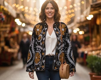 Hand-Embroidered Velvet Jacket | Velvet Suzani Coat | Black