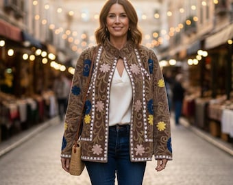 Hand-Embroidered Velvet Jacket | Velvet Suzani Coat | Brown