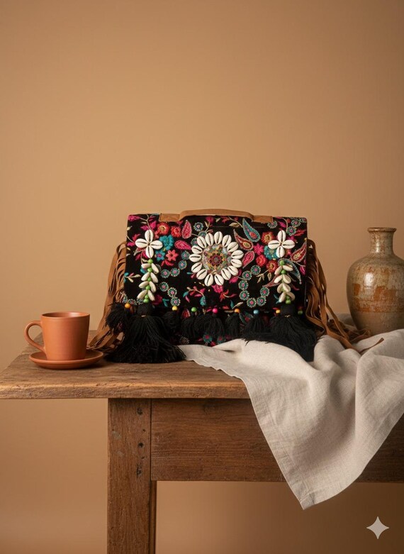Handcrafted Embroidered Boho Bag | Mirror & Shell Work | Tribal Gypsy Crossbody | Statement Fringe, Festival Bag