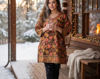 Hand-Embroidered Kashmiri Autumn Floral Tunic | Kurti | Brown