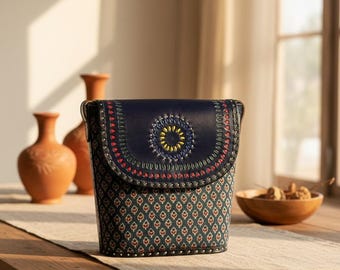 Handcrafted Embroidered Crossbody Bag | Artisan Sling Purse | Ajrakh Print