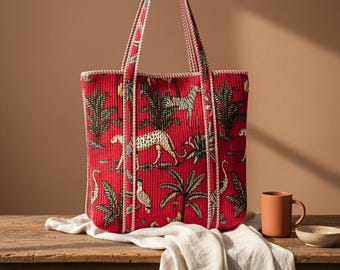 Quilted Cotton Tote Bag with Zip | Large Shoulder Bag for Everyday, Travel & Work