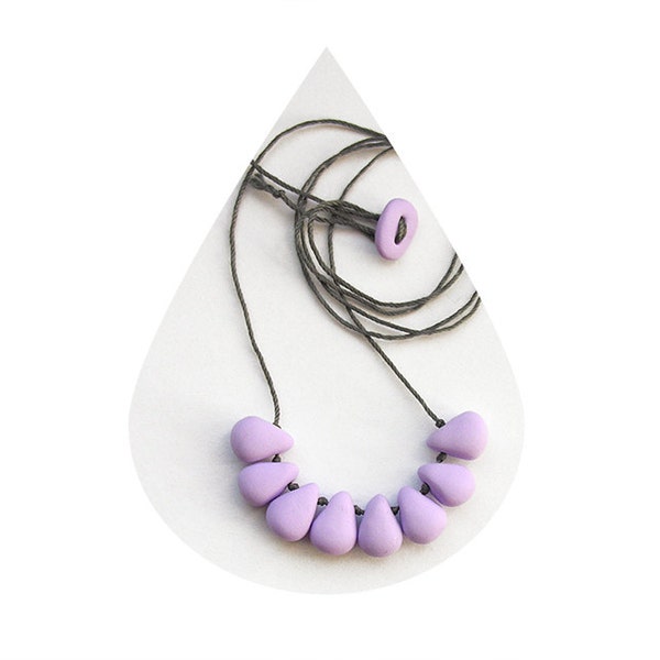 Necklace lilac drops gray, polymer clay nuggets, tiny, contemporary, minimalist,statement