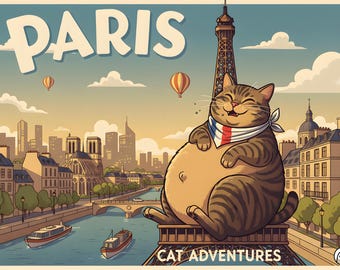 Paris Cat Art Print | Whimsical Travel Poster (Digital Download)