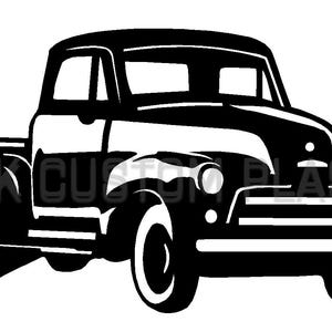 May include: Black and white illustration of a vintage pickup truck. The truck features a classic design with a cab, bed, and large wheels. The image is a silhouette, with the truck's details clearly defined against a white background.
