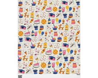Cute Party Icons wrapping paper | Cats, Cake, Gifts, Balloons, Cameras