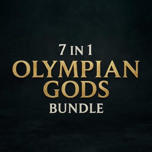 Puede incluir: Gráfico con el texto "7 IN 1 OLYMPIAN GODS BUNDLE" en letras doradas sobre un fondo oscuro. El texto está estilizado con un efecto texturizado tridimensional.