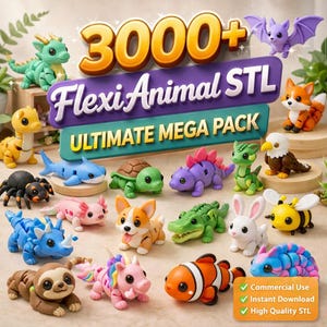 Puede incluir: Una colección de figuras de animales flexibles y coloridas, incluyendo un dragón, un tiburón, una tortuga y una abeja. La imagen presenta el texto "3000+ Flexi Animal STL ULTIMATE MEGA PACK" con iconos que indican uso comercial, descarga instantánea y STL de alta calidad.
