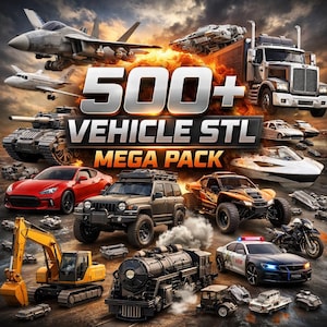 Pode incluir: Gráfico digital mostrando uma coleção de veículos, incluindo aviões, um tanque, carros, um caminhão, um barco e uma motocicleta. O texto "500+ VEHICLE STL MEGA PACK" é exibido em destaque. A imagem apresenta uma variedade de cores e uma composição dinâmica.