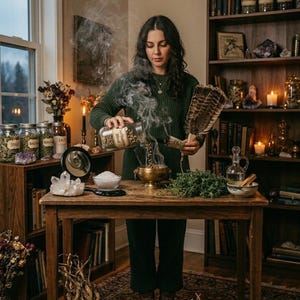 Puede incluir: Una mesa de madera con un cuenco de latón con humo, un frasco de vidrio con la etiqueta Purification Blend, un abanico de plumas, hierbas, un cuenco de sal y cristales. Texto: HOUSE CLEANSING & PURIFYING, RENEWING SPACE, REMOVING NEGATIVITY, RESTORING HARMONY.