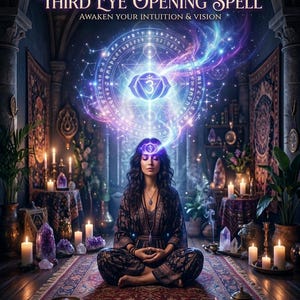 May include: A person sitting in a meditative pose on a patterned rug in a room with candles and crystals. Above them, a glowing blue circular symbol with the text "THIRD EYE OPENING SPELL" and "AWAKEN YOUR INTUITION & VISION" is visible.