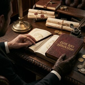 Peut inclure: Une scène de bureau avec un livre ouvert illustré et un livre fermé intitulé "Elite Love Domination Bundle". On y trouve également des parchemins, des pièces de monnaie, une lampe et une plume. L'ambiance est sombre et vintage.