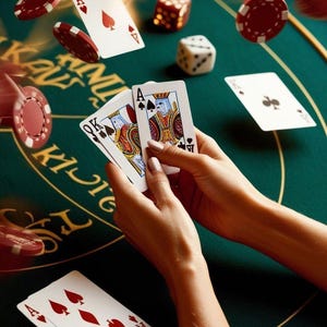 May include: A casino scene with playing cards, dice, and red poker chips. A hand holds a King and Ace of spades. Other cards and chips are in motion against a green felt table.