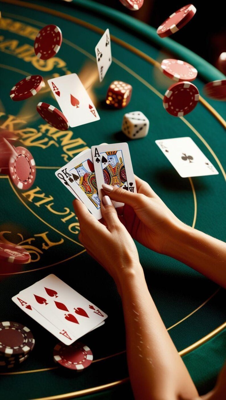 May include: A casino scene with playing cards, dice, and red poker chips. A hand holds a King and Ace of spades. Other cards and chips are in motion against a green felt table.