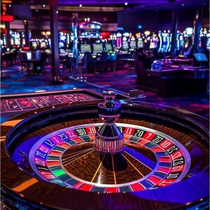 May include: A casino interior featuring a roulette wheel in the foreground. The wheel is brown with red, black, and green pockets, and a silver spindle. The background shows slot machines and other casino games, with a purple and blue color scheme.