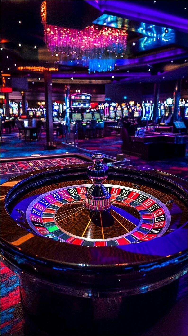 May include: A casino interior featuring a roulette wheel in the foreground. The wheel is brown with red, black, and green pockets, and a silver spindle. The background shows slot machines and other casino games, with a purple and blue color scheme.