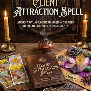 May include: An image of a Client Attraction Spell book with tarot cards, candles, crystals, and herbs. The text on the book reads "Client Attraction Spell: A Ritual for Magnetizing Abundance & Clients". The image has a mystical theme.