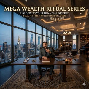 Op de afbeelding: Een man in een pak zit aan een groot houten bureau met uitzicht op de skyline van een stad. De tekst "MEGA WEALTH RITUAL SERIES" staat bovenaan, met daaronder "UNLOCKING YOUR FINANCIAL DESTINY" en "SEASON 1 | STEP-BY-STEP MANIFESTATION".