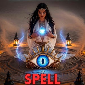May include: An artistic digital image with the text "PROTECTION FROM EVIL" and "SPELL". A woman in white robes kneels before a large blue eye symbol. The scene is set in a desert with lanterns.